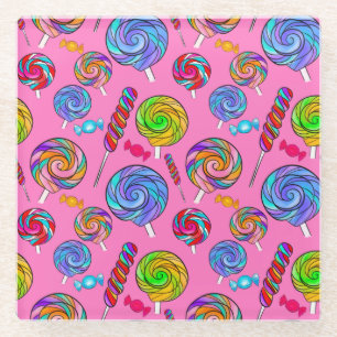Candy Lollipop Fun Pink Rainbow Glass Coaster