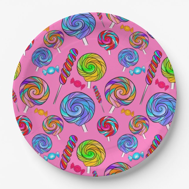 Candy Lollipop Fun Pink Rainbow Paper Plate (Front)