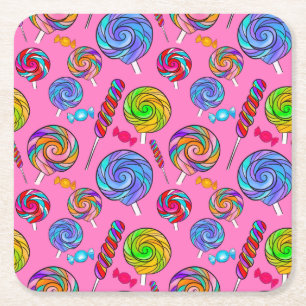 Candy Lollipop Fun Pink Rainbow Square Paper Coaster