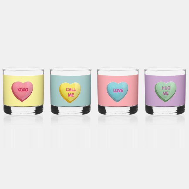 Candy Love Hearts Romantic Words Colourful Whiskey Glass (Front)