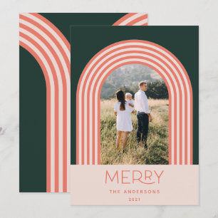 Candy pastel pink stripe rainbow 1 photo Christmas Holiday Card
