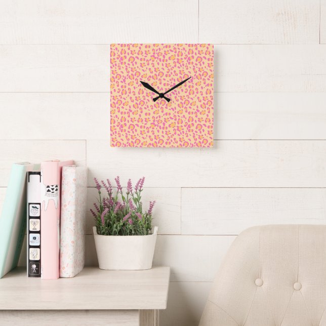 Candy Pink Leopard Animal Print Glam 1 Square Wall Clock (Reading Room)