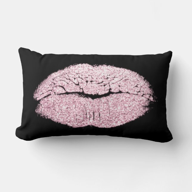 Candy Pink Lips Glitter Black White Makeup Kiss Lumbar Cushion (Front)