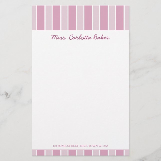 Candy Pink Stripe Personal Stationery (Front)