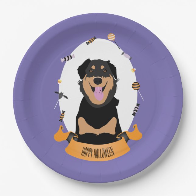 Candy Portrait Rottweiler Dog Purple Orange Paper Plate (Front)