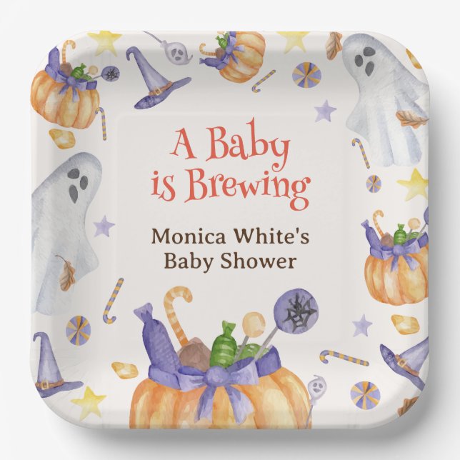 Candy Pumpkin Ghosts Halloween Baby Brewing Shower Paper Plate (Front)