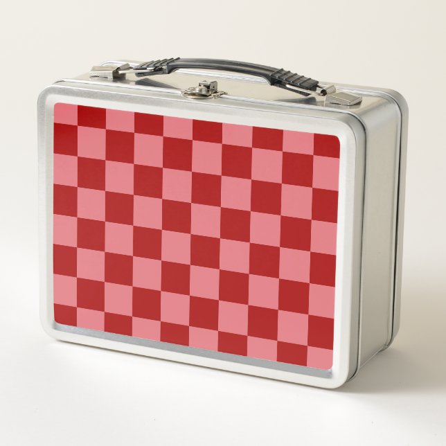 Candy Red and Candy Pink Checkerboard Metal Lunch Box (Front)