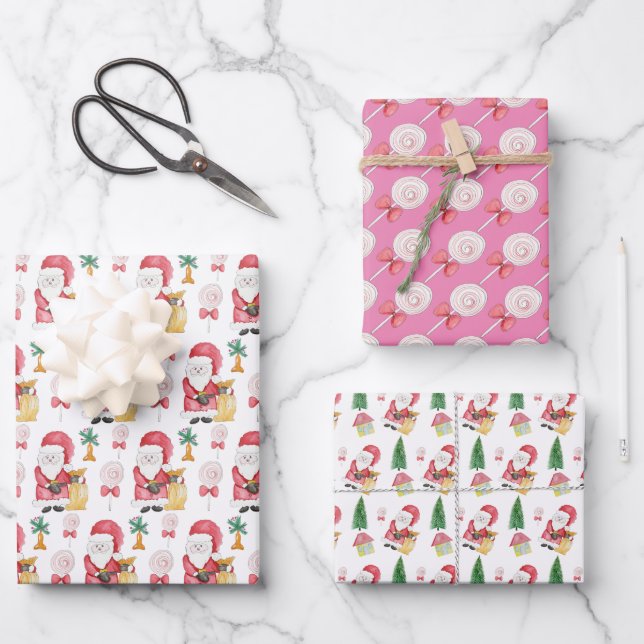 Candy Santa Christmas Pattern Watercolor Wrapping Paper Sheet (Front)