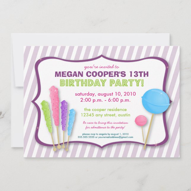 Candy Shoppe Birthday Party Invitation (purple) (Front)