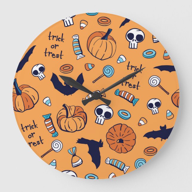Candy Skull Pumpkin Bat Seamless Pattern. Large Clock (Front)