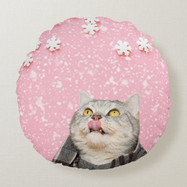 Candy Snowflake Cat Round Pillow (Front)