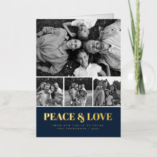 Candy Stripe Peace & Love Photo Collage - Navy Foil Holiday Card