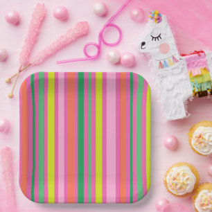 Candy Stripe Pink Colorful Rainbow Baby Shower Paper Plate