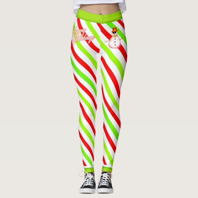 Candy Striped Happy and Festive with Snowman Leggings (Front)