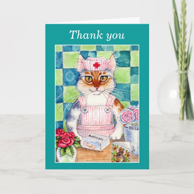 Candy striper nurse cat Thank-you card (Front)