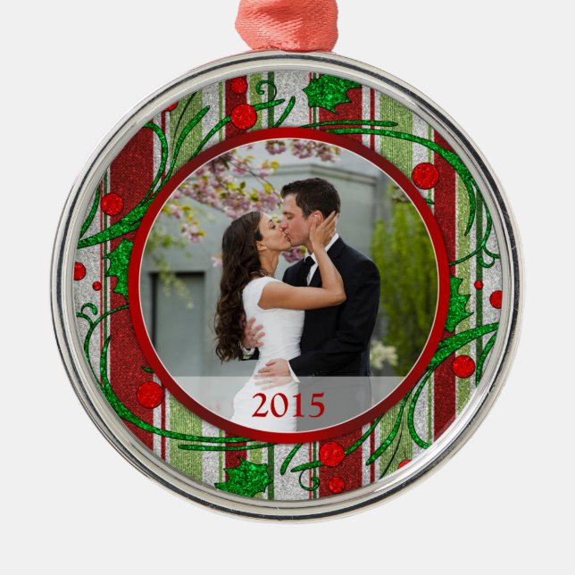 Candy Stripes First Christmas Together Photo Metal Tree Decoration (Front)
