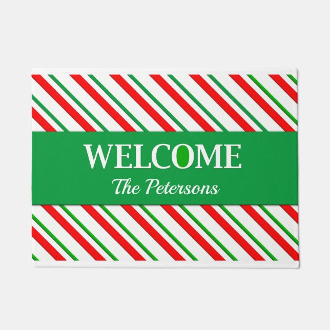 Candy Stripes in Red and Green with Name Doormat (Front)