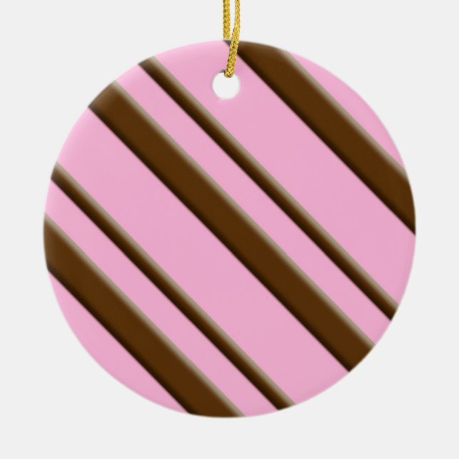Candy Stripes, pink and chocolate brown Ceramic Tree Decoration (Front)