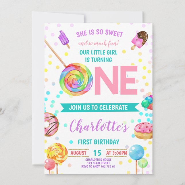 Candy Sweet Celebration ONE Girl First Birthday Invitation (Front)