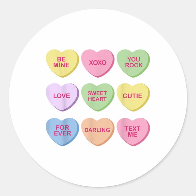 Candy Sweet Conversation Hearts Valentines Day Wom Classic Round Sticker (Front)