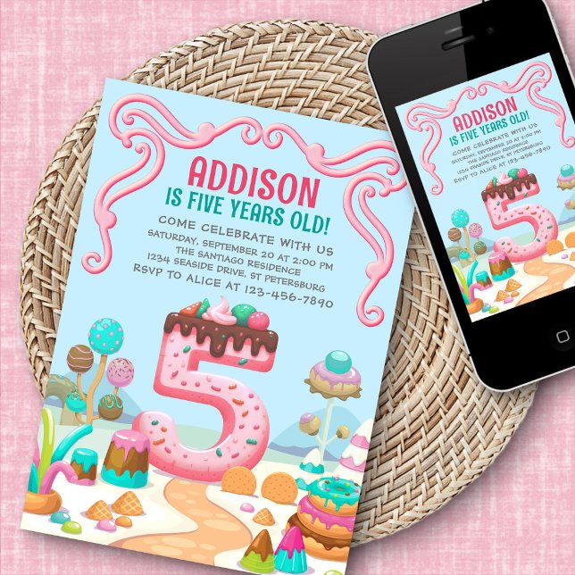 Candy Sweet Girl's Candyland 5th Birthday Invitation (Creator Uploaded)