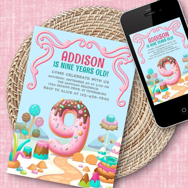Candy Sweet Girl's Candyland 9th Birthday Invitation (Creator Uploaded)