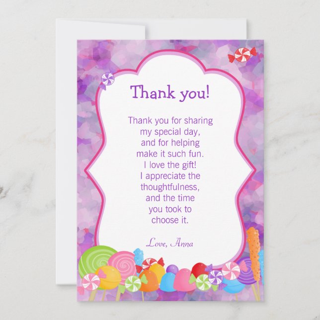 Candy Thank You Card Note Girl Pink Purple (Front)