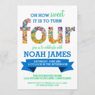 Candy Theme 4th Birthday Party Sprinkles BLUE Invitation