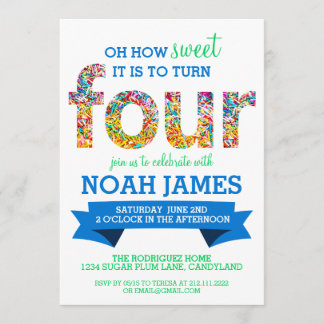 Candy Theme 4th Birthday Party Sprinkles BLUE Invitation