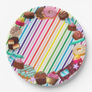 Candy theme, chocolate, food, doughnuts, rainbow p paper plate