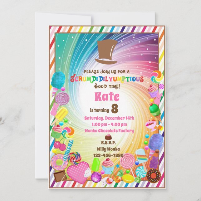 Candy theme, chocolate, golden ticket, rainbow inv invitation (Front)