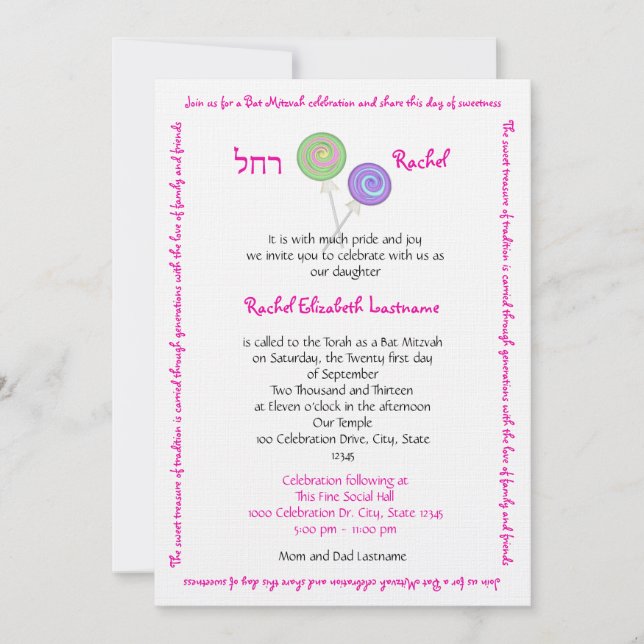 Candy Treasures Bat Mitzvah Invitation (Front)