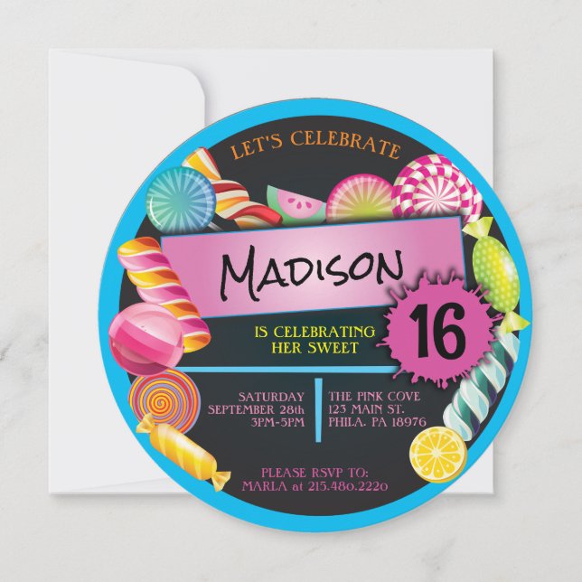 Candy Treats Sweet 16 Sixteen Birthday Party Invitation (Front)
