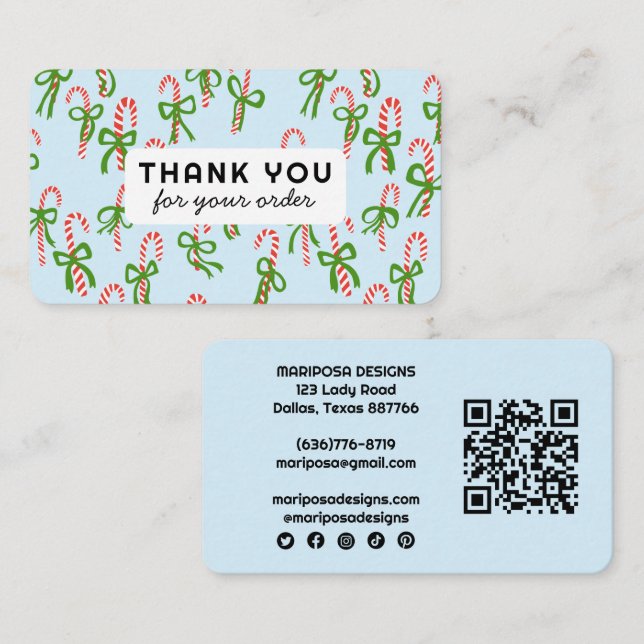 Candycanes Customer Order Thank You QR Code Social Business Card (Front/Back)