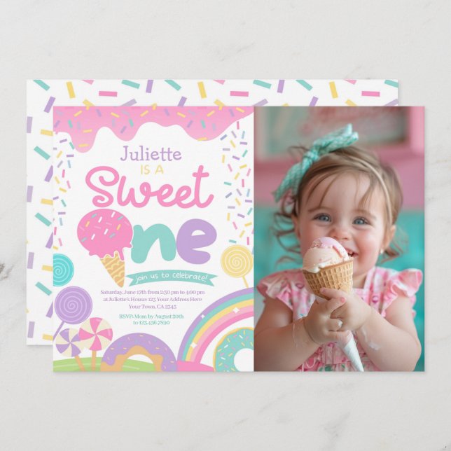 Candyland and Ice Cream 1st Birthday Invitation (Front/Back)
