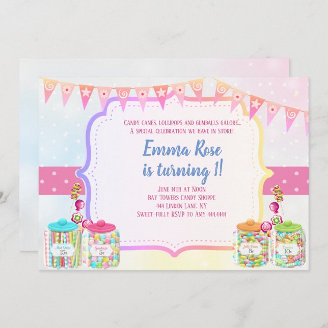 Candyland candy theme birthday party invitation (Front/Back)