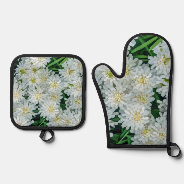 Candytuft White Flower Graphic Art Oven Mitt & Pot Holder Set (Front)