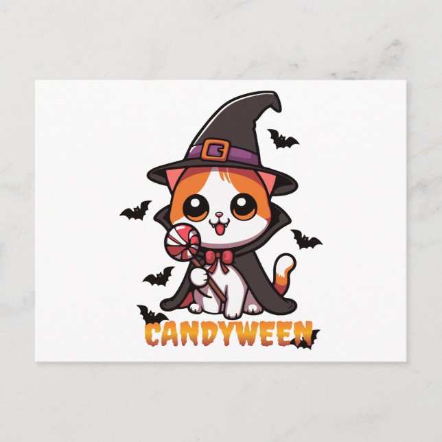 candyween - cat witch halloween postcard (Front)