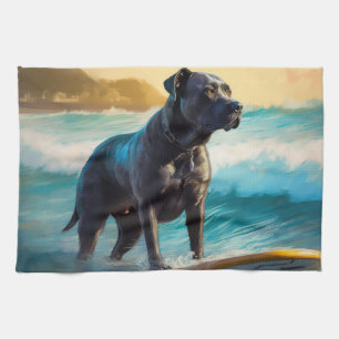 Cane Corso Beach Surfing Painting Tea Towel