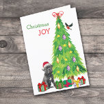 Cane Corso Dog, Bird and Christmas Tree Holiday Card<br><div class="desc">On the front of this Christmas card, a black Cane Corso dog wears a red and white Santa Claus hat while he sits beside a Holiday tree. Brightly wrapped gift packages are scattered about, and a bullfinch is landing on the Christmas tree. The red and green text says "Christmas JOY"....</div>