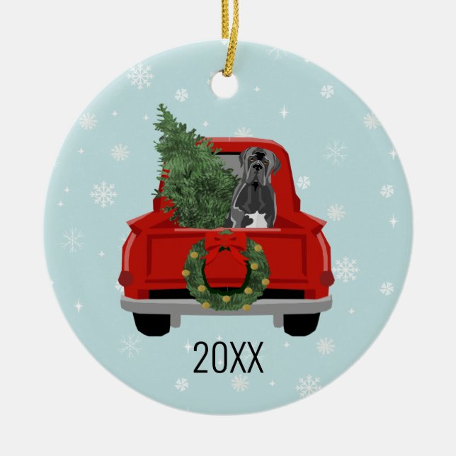 Cane Corso Dog Christmas Red Truck Ceramic Tree Decoration (Front)