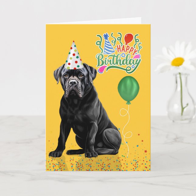 Cane Corso Dog Party Hat Yellow Birthday Card (Small Plant)