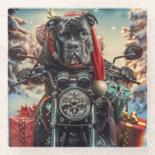 Cane Corso Dog Riding Motorcycle Christmas Glass Coaster