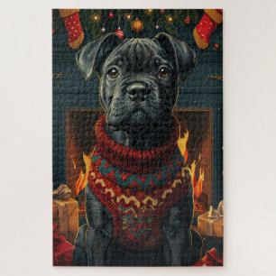 Cane Corso Dog With Christmas Gifts Fireplace Jigsaw Puzzle