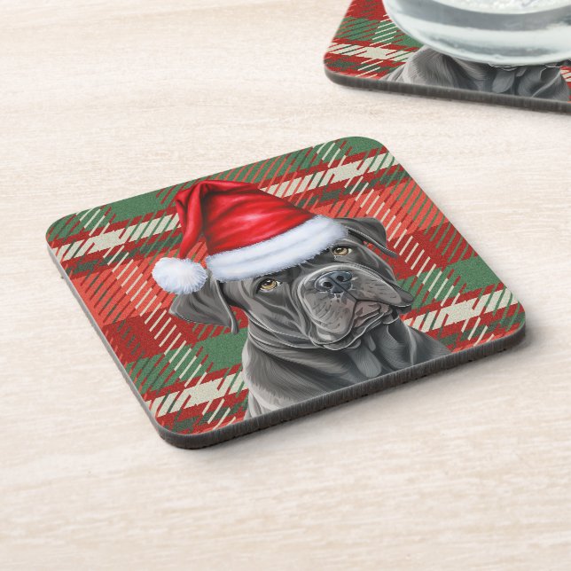 Cane Corso Dog with Red Holiday Plaid Christmas Coaster (Left Side)