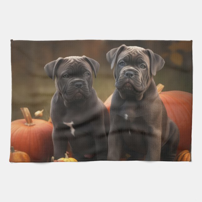 Cane Corso Puppy Autumn Delight Pumpkin Tea Towel (Horizontal)