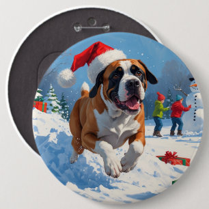 Cane Corso Running in Snow with Christmas Hat 6 Cm Round Badge