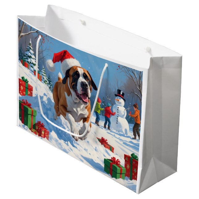 Cane Corso Running in Snow with Christmas Hat Large Gift Bag (Front Angled)