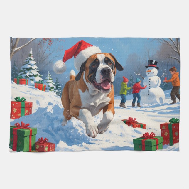 Cane Corso Running in Snow with Christmas Hat Tea Towel (Horizontal)