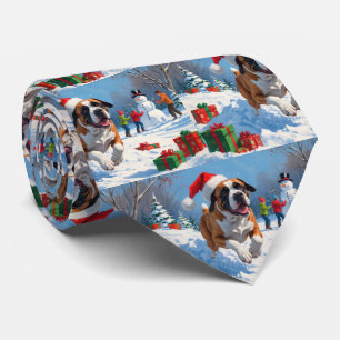 Cane Corso Running in Snow with Christmas Hat Tie